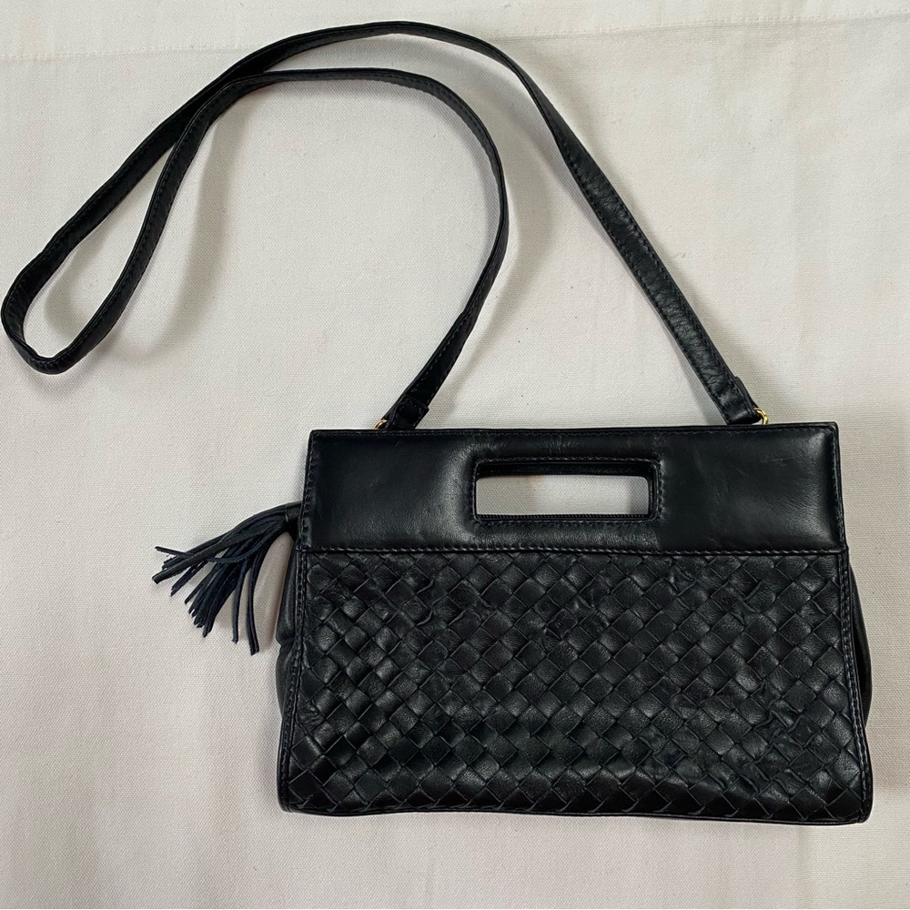 Pantera Vintage Woven Leather Shoulder Bag Navy Blue